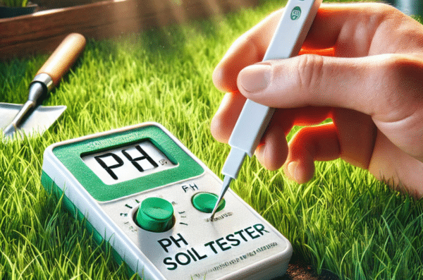 Gros plan sur une main effectuant un test de pH sur un gazon avec un testeur numérique inséré dans le sol, affichant une lecture du pH. En arrière-plan, une pelouse bien entretenue avec des outils de jardinage.