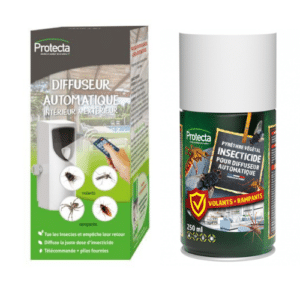 Diffuseur automatique PROTECTA i382 avec recharge insecticide au pyrèthre de 250 ml, télécommande et design blanc discret pour intérieur/extérieur.