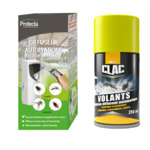 Diffuseur automatique Vola'CLAC avec recharge insecticide 250 ml, télécommande et piles incluses, protection anti-insectes intérieur/extérieur.