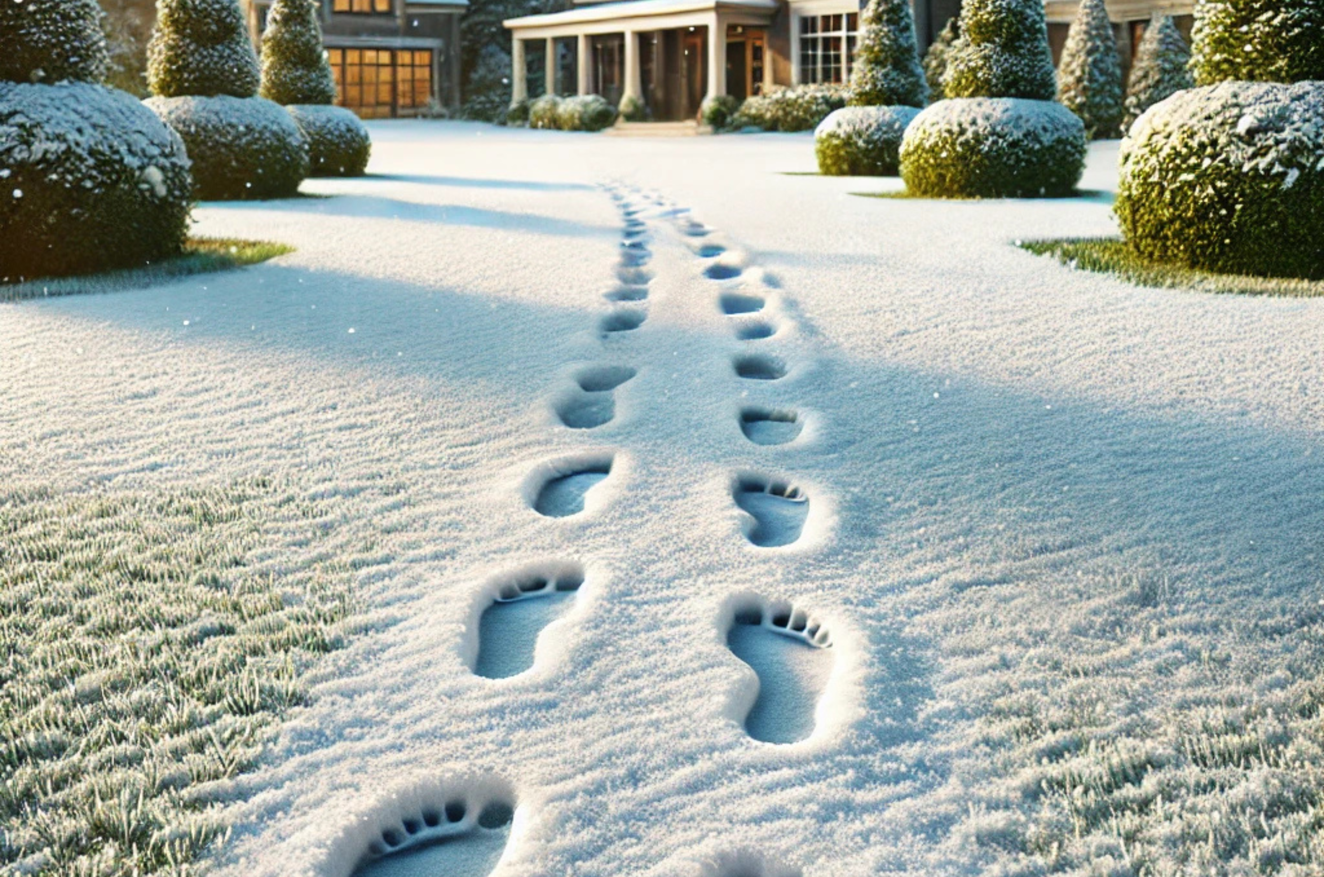 Empreintes dans la neige sur un gazon hivernal, montrant pourquoi marcher sur votre gazon en hiver peut endommager sa santé et son apparence au printemps.