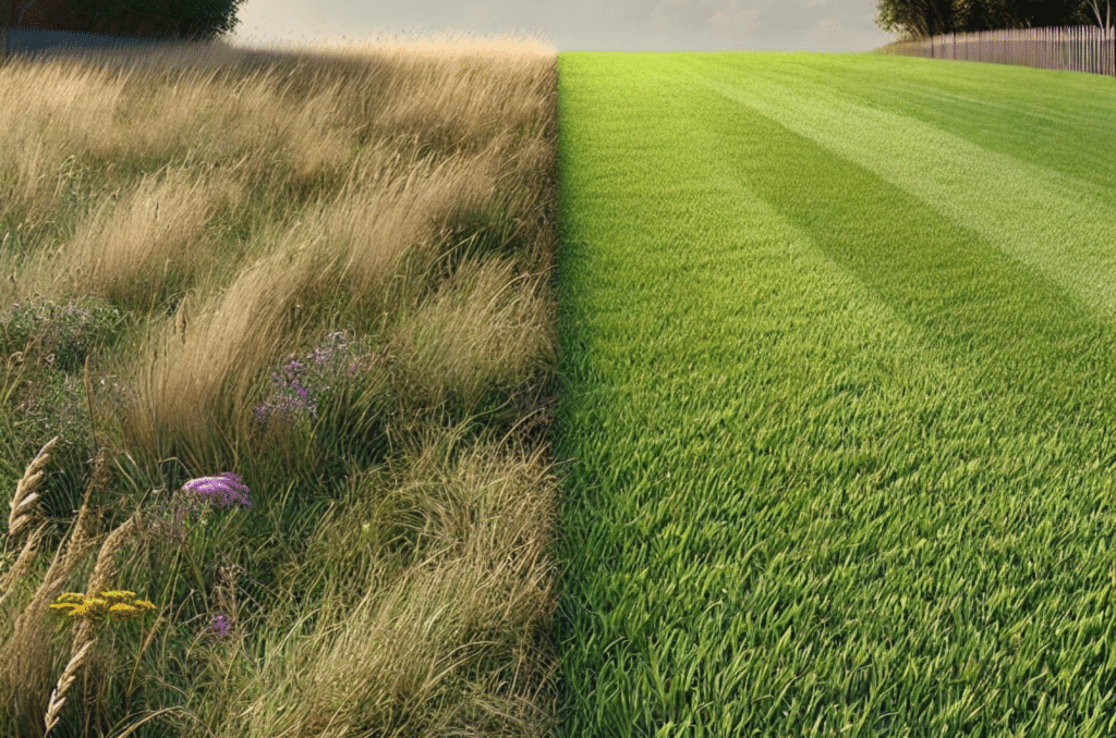 Comparaison visuelle entre un gazon uniforme et une pelouse naturelle avec des fleurs.