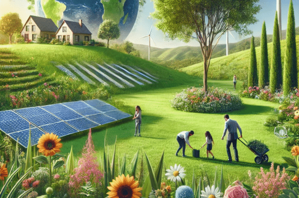 Famille prenant soin d'une pelouse écoresponsable avec les produits écologiques de Gazoneo le spécialiste du gazon, illustrée avec des panneaux solaires et une éolienne.