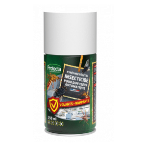 Aérosol insecticide Mouch’clac i710 au pyrèthre végétal de Protecta, efficace contre les insectes volants et rampants, compatible avec diffuseur automatique, protection intérieure et extérieure.