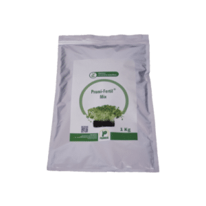 Sachet de Promi Fertil Mix Oligo Élément de 1 kg, engrais soluble en microgranules verts, présenté à côté d'un gazon luxuriant et d'agrumes en pleine santé, illustrant son efficacité pour la nutrition en micronutriments des plantes.