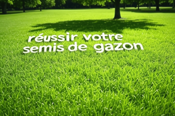 Gazon fraîchement semé avec l'inscription "Réussir votre semis de gazon", illustrant les étapes d'un semis réussi avec des semences professionnelles.