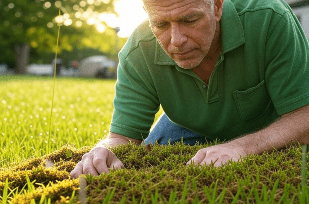 Jardinier inspectant la mousse dans le gazon pour analyser les causes et préparer un traitement adapté.