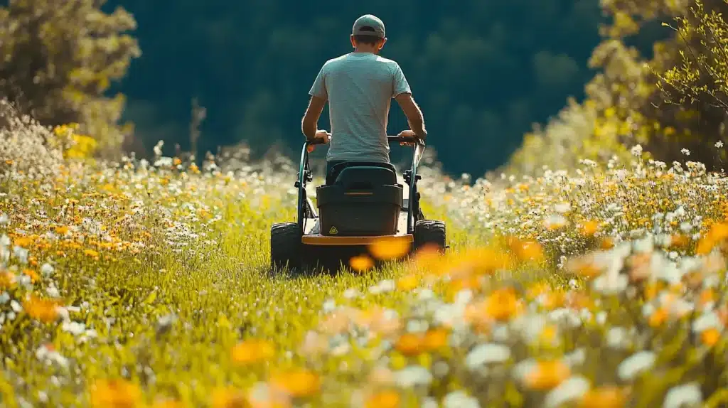 Homme en train de faucher une prairie fleurie