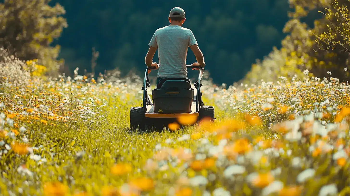 Homme en train de faucher une prairie fleurie